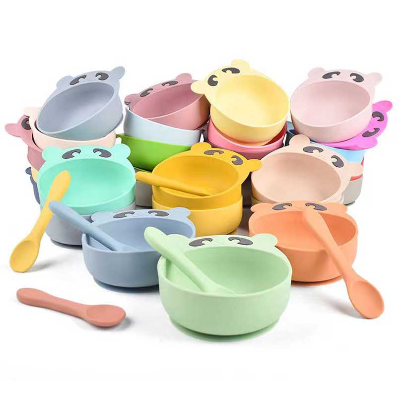 Babyvoedingsset siliconen kom lepel vork voor peuter kinderen schattig dier silicium bowl set beer voedsel voeding babyplaat voor kinderbenodigdheden